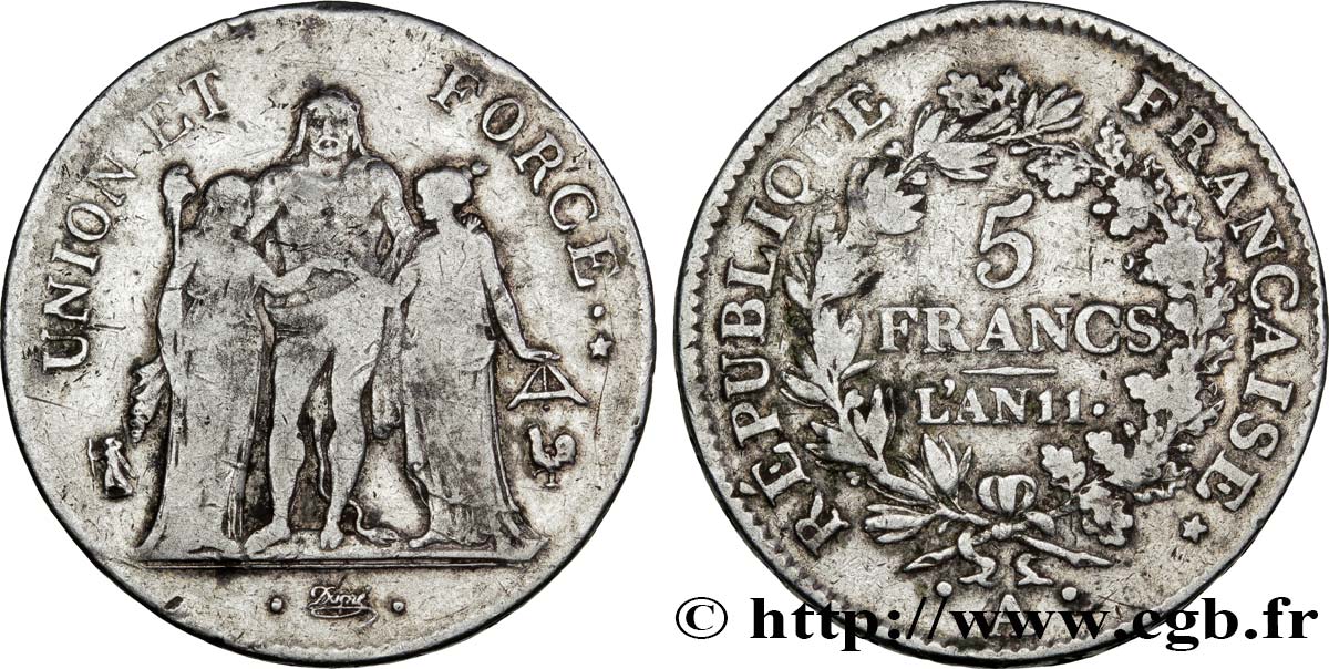 5 francs Union et Force, Union serré, seulement glands intérieurs 1803 Paris F.300/8 TB25 