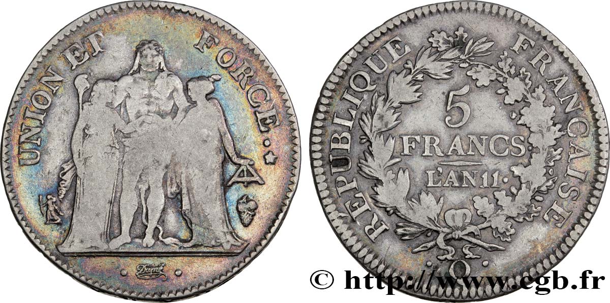 5 francs Union et Force, Union serré, seulement glands intérieurs 1803 Perpignan F.288/200 VF22 