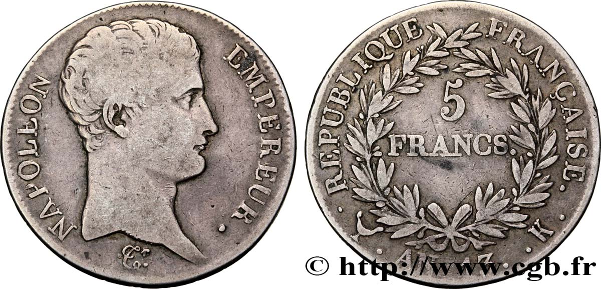 5 francs Napoléon Empereur, Calendrier révolutionnaire 1805 Bordeaux F.303/8 TB30 