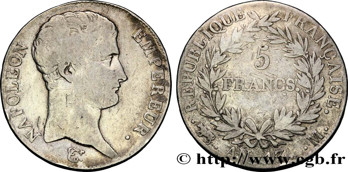 5 francs Napoléon Empereur, Calendrier révolutionnaire 1805 Toulouse F.303/13 TB15 