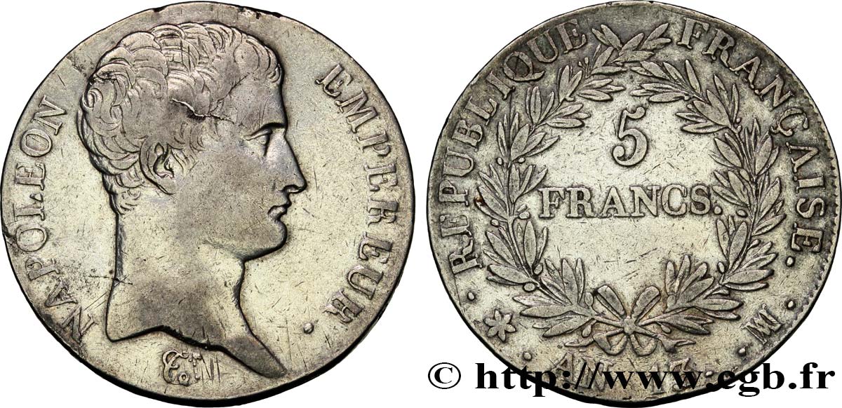 5 francs Napoléon Empereur, Calendrier révolutionnaire 1805 Marseille F.303/14 TTB45 