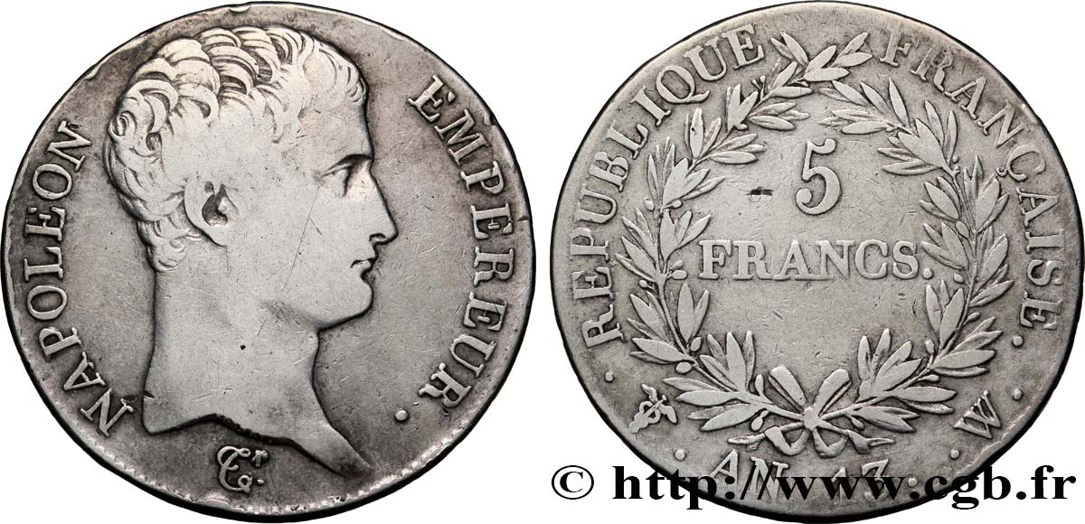 5 francs Napoléon Empereur, Calendrier révolutionnaire 1805 Lille F.303/18 TB20 