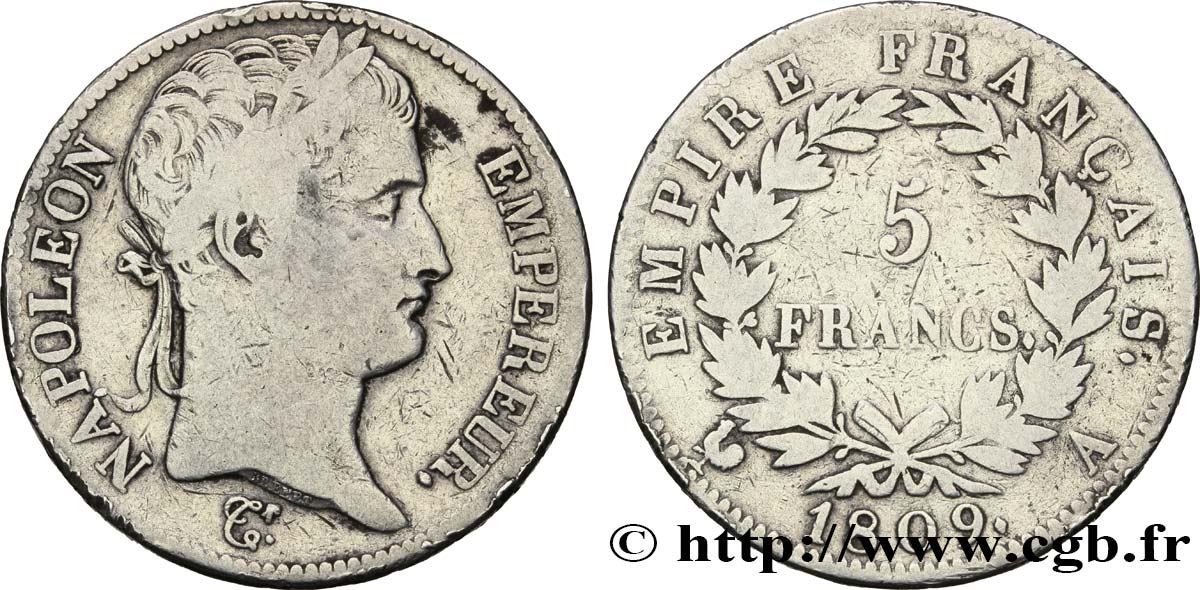5 francs Napoléon Empereur, Empire français 1809 Paris F.307/1 TB20 