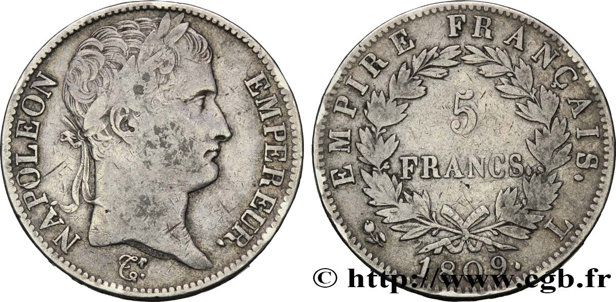 5 francs Napoléon Empereur, Empire français 1809 Bayonne F.307/8 S30 