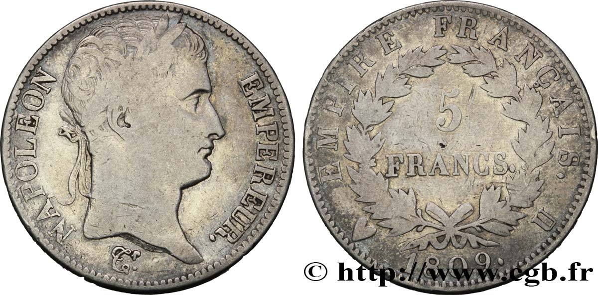 5 francs Napoléon Empereur, Empire français 1809 Turin F.307/12 TB15 