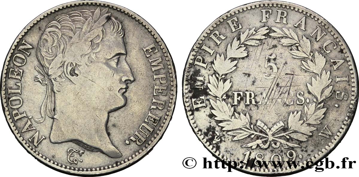 5 francs Napoléon Empereur, Empire français 1809 Lille F.307/13 TB25 
