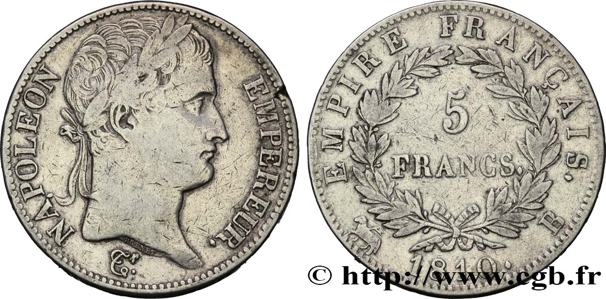 5 francs Napoléon Empereur, Empire français 1810 Rouen F.307/15 MB30 