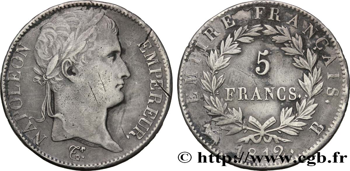 5 francs Napoléon Empereur, Empire français 1812 Rouen F.307/42 TB35 