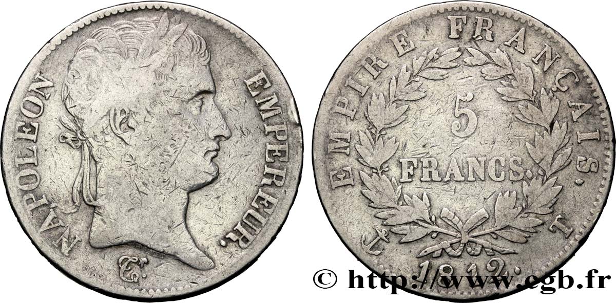 5 francs Napoléon Empereur, Empire français 1812 Nantes F.307/53 S18 