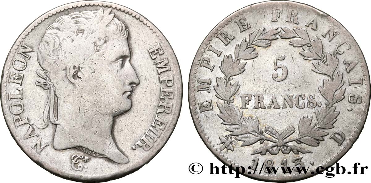 5 francs Napoléon Empereur, Empire français 1813 Lyon F.307/62 MB25 