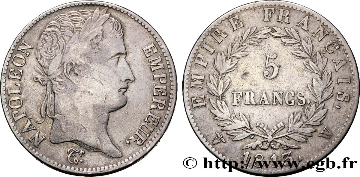 5 francs Napoléon Empereur, Empire français 1813 Lille F.307/75 TB35 
