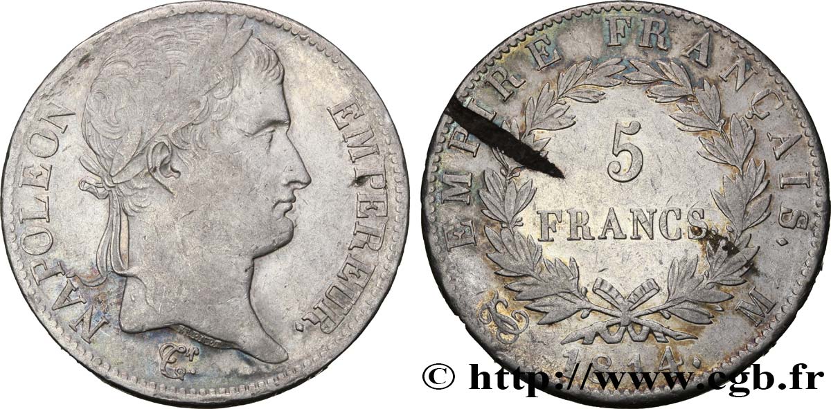 5 francs Napoléon Empereur, Empire français 1814 Toulouse F.307/82 BB40 