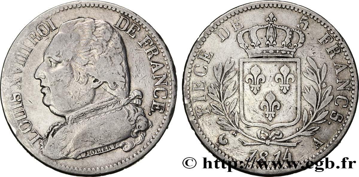 5 francs Louis XVIII, buste habillé 1814 Paris F.308/1 MB30 