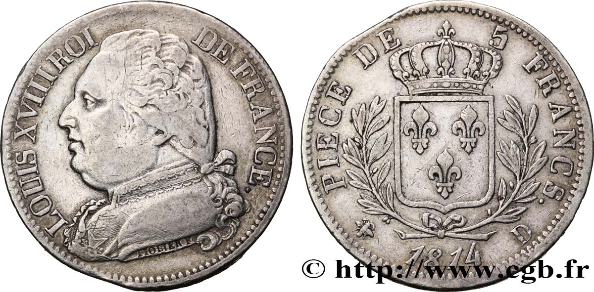 5 francs Louis XVIII, buste habillé 1814 Lyon F.308/4 TB30 