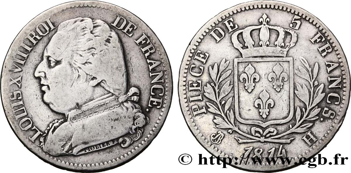 5 francs Louis XVIII, buste habillé 1814 La Rochelle F.308/5 TB20 