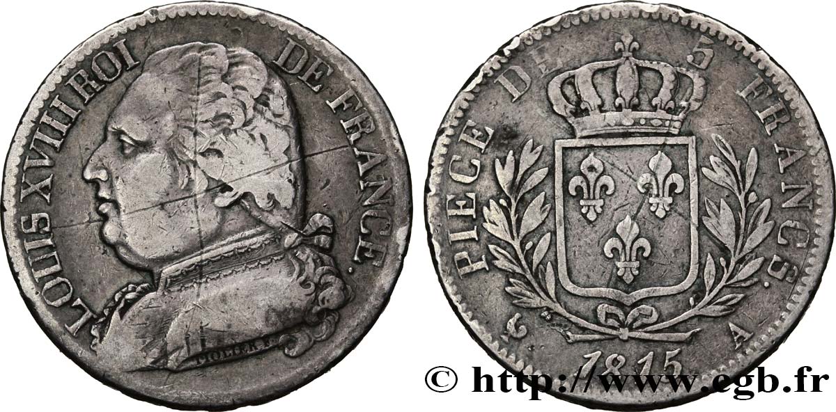 5 francs Louis XVIII, buste habillé 1815 Paris F.308/14 TB25 