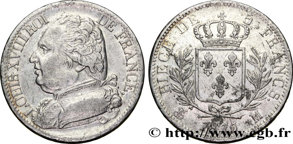 5 francs Louis XVIII, buste habillé 1815 Toulouse F.308/26 MBC45 