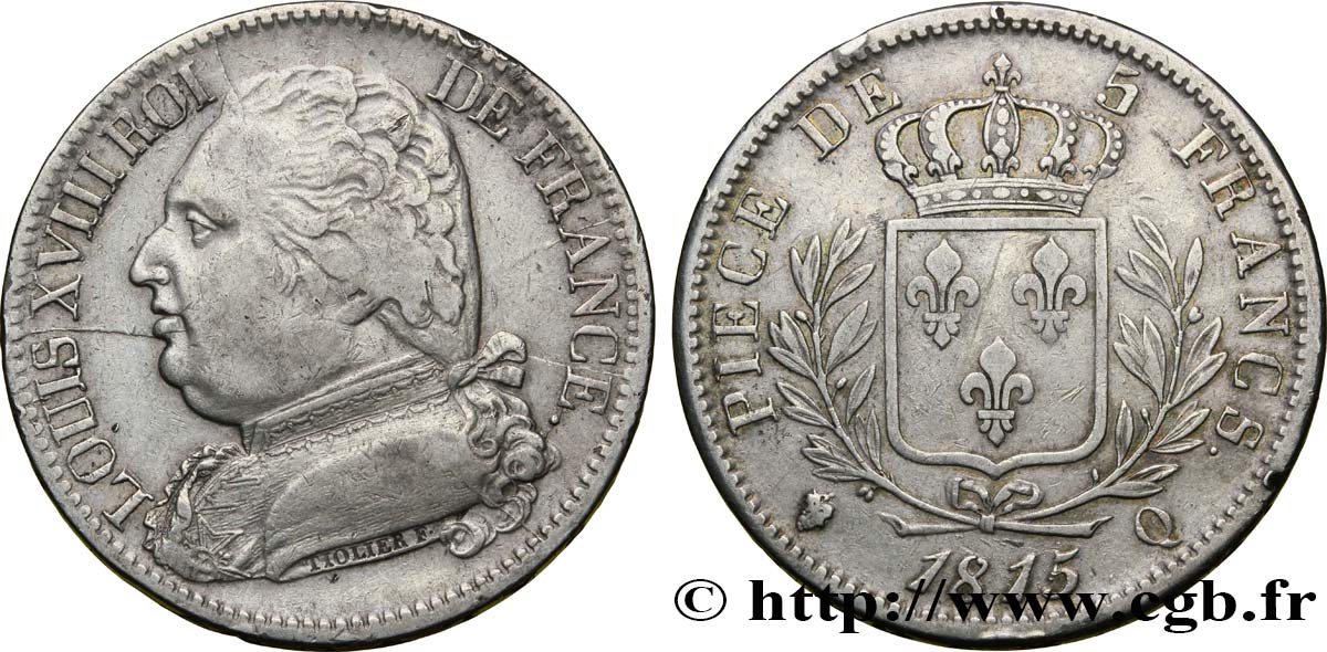 5 francs Louis XVIII, buste habillé 1815 Perpignan F.308/28 BB40 