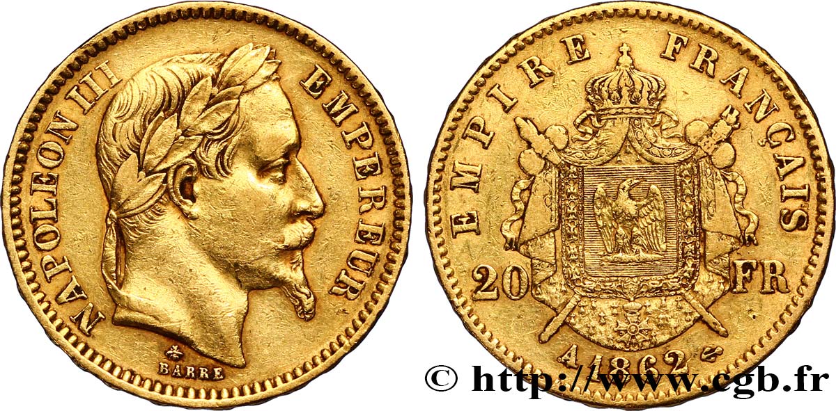 20 francs or Napoléon III, tête laurée 1862 Paris F.532/3 TTB40 