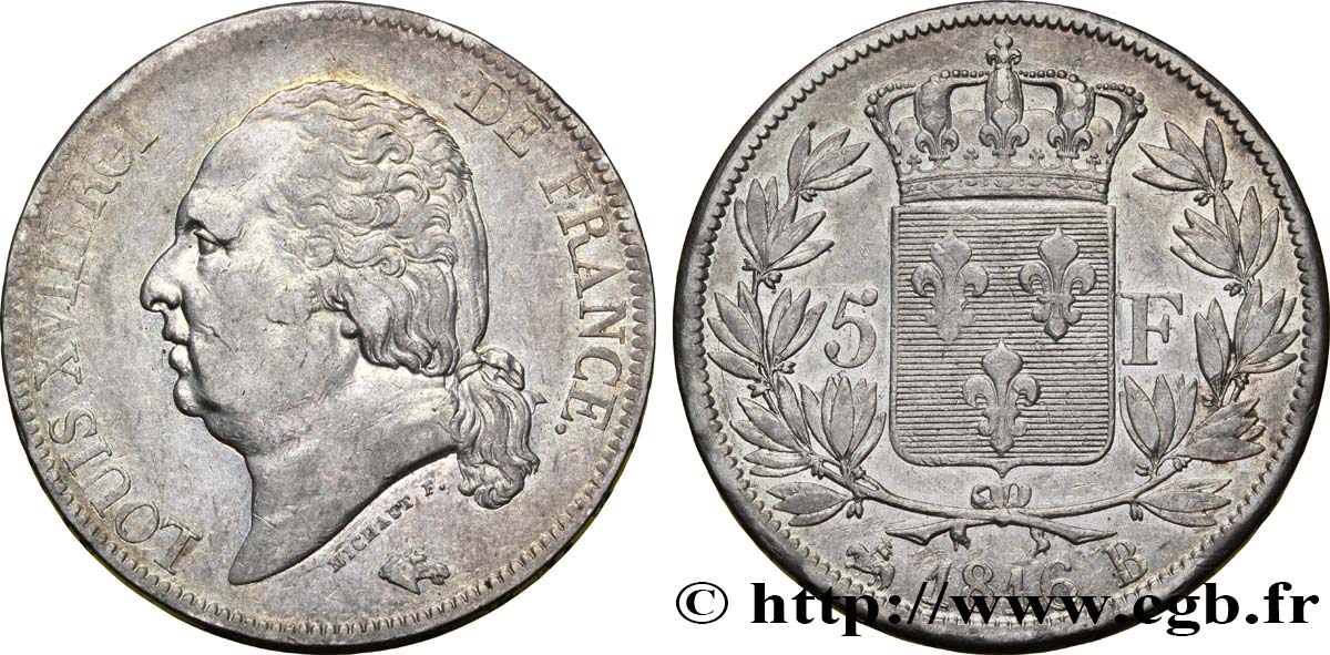 5 francs Louis XVIII, tête nue 1816 Rouen F.309/2 S35 