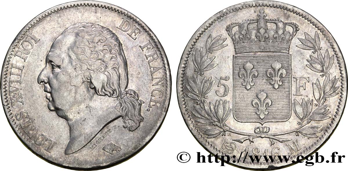 5 francs Louis XVIII, tête nue 1816 Toulouse F.309/9 TTB40 