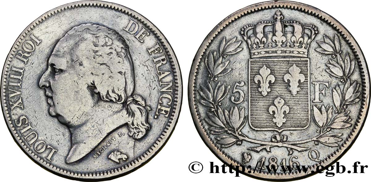 5 francs Louis XVIII, tête nue 1816 Perpignan F.309/11 S25 