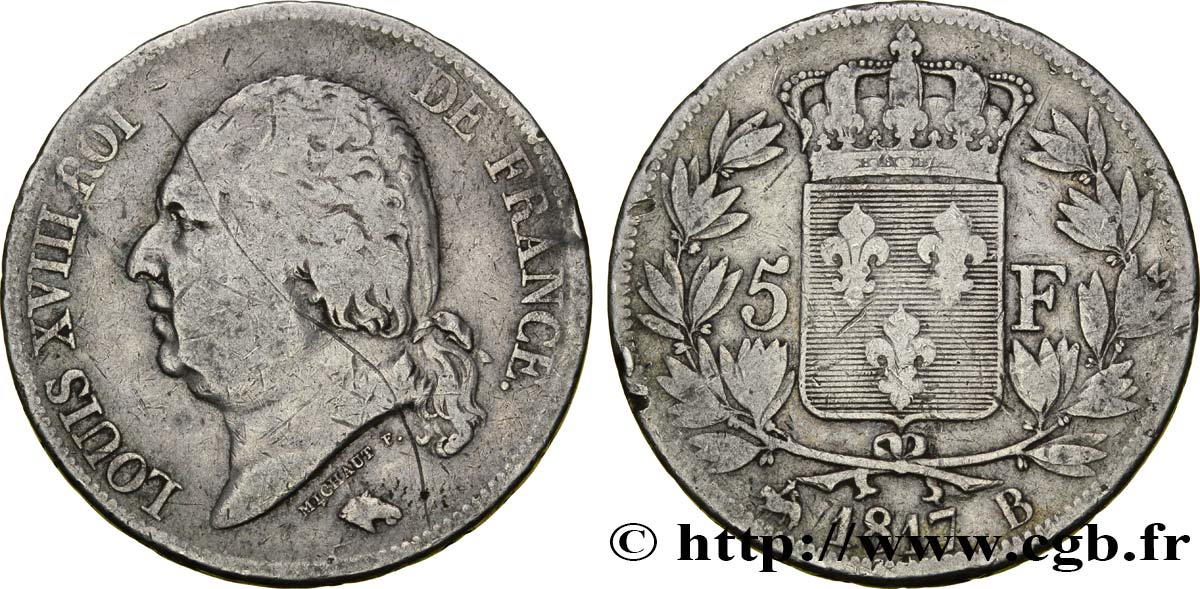 5 francs Louis XVIII, tête nue 1817 Rouen F.309/15 MB20 