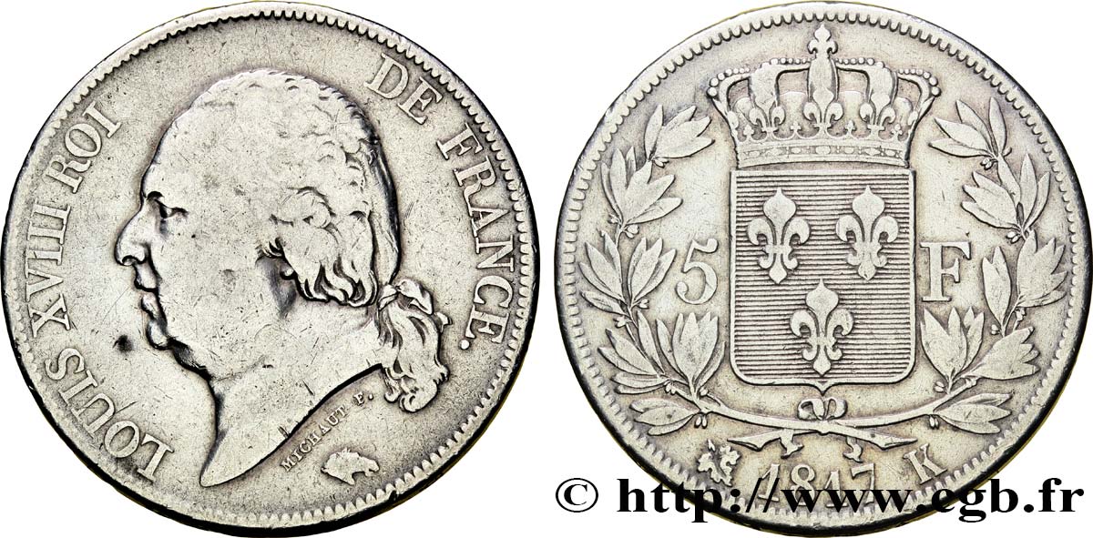 5 francs Louis XVIII, tête nue 1817 Bordeaux F.309/21 TB25 