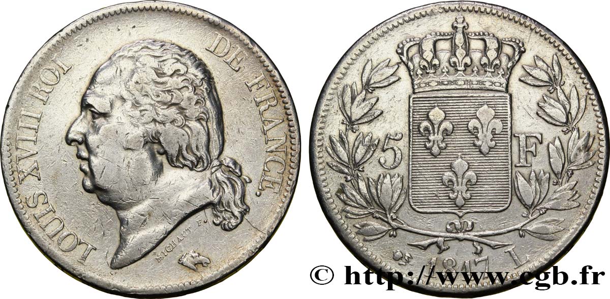 5 francs Louis XVIII, tête nue 1817 Bayonne F.309/22 TTB40 
