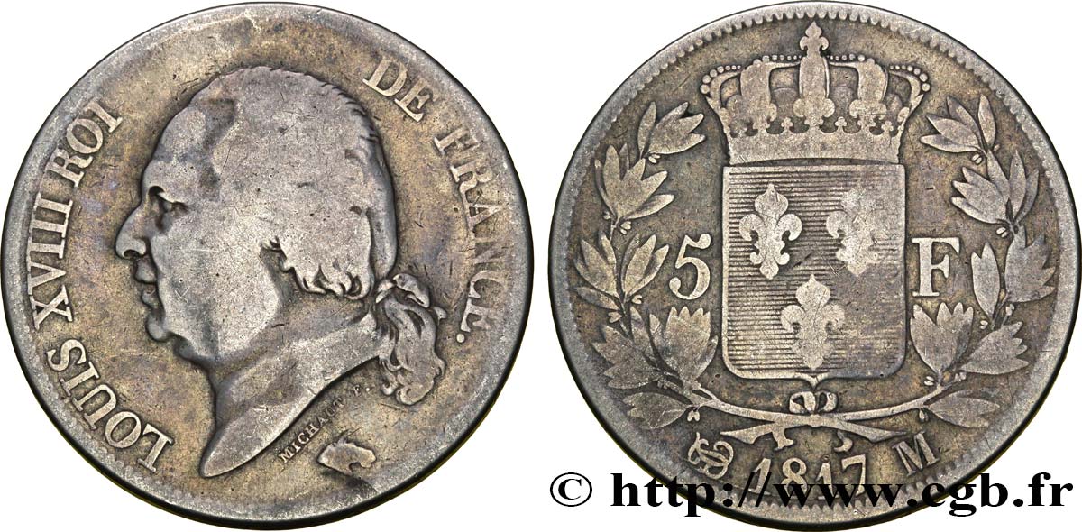 5 francs Louis XVIII, tête nue 1817 Toulouse F.309/23 F13 
