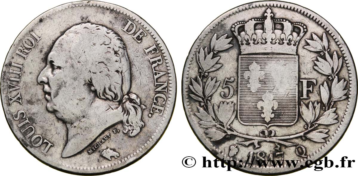 5 francs Louis XVIII, tête nue 1817 Perpignan F.309/25 S15 