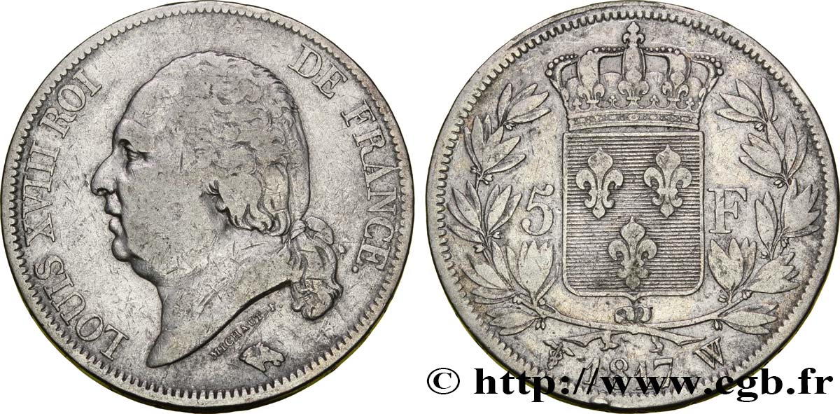 5 francs Louis XVIII, tête nue 1817 Lille F.309/27 TB25 