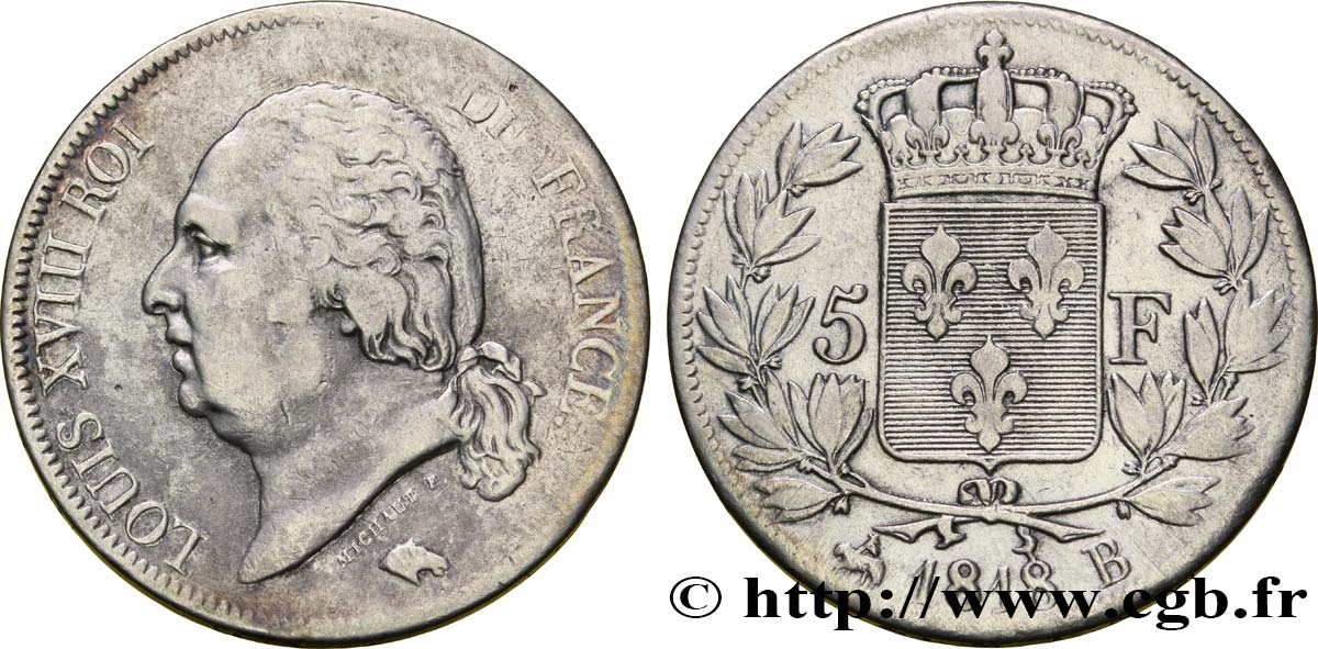 5 francs Louis XVIII, tête nue 1818 Rouen F.309/29 TB30 