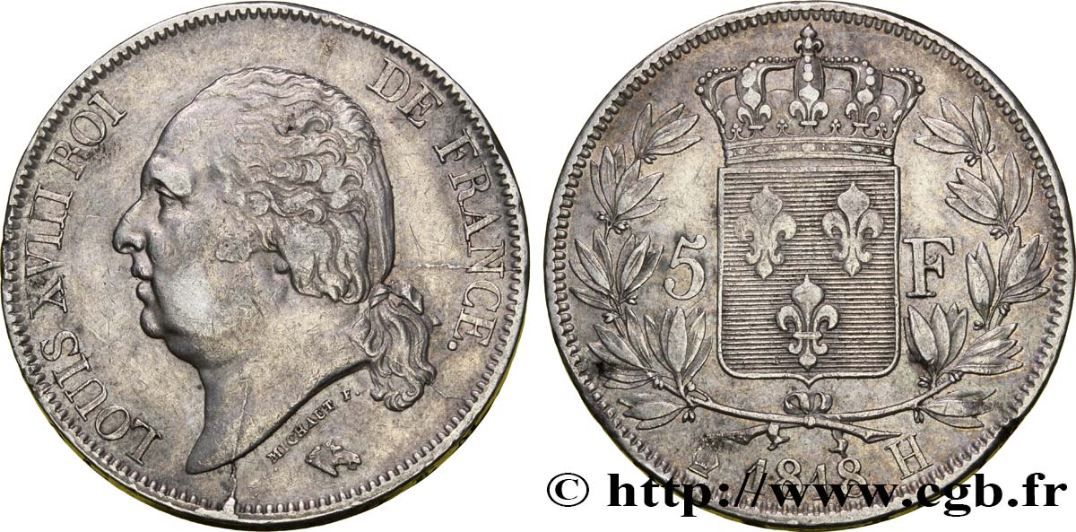 5 francs Louis XVIII, tête nue 1818 La Rochelle F.309/31 MB35 