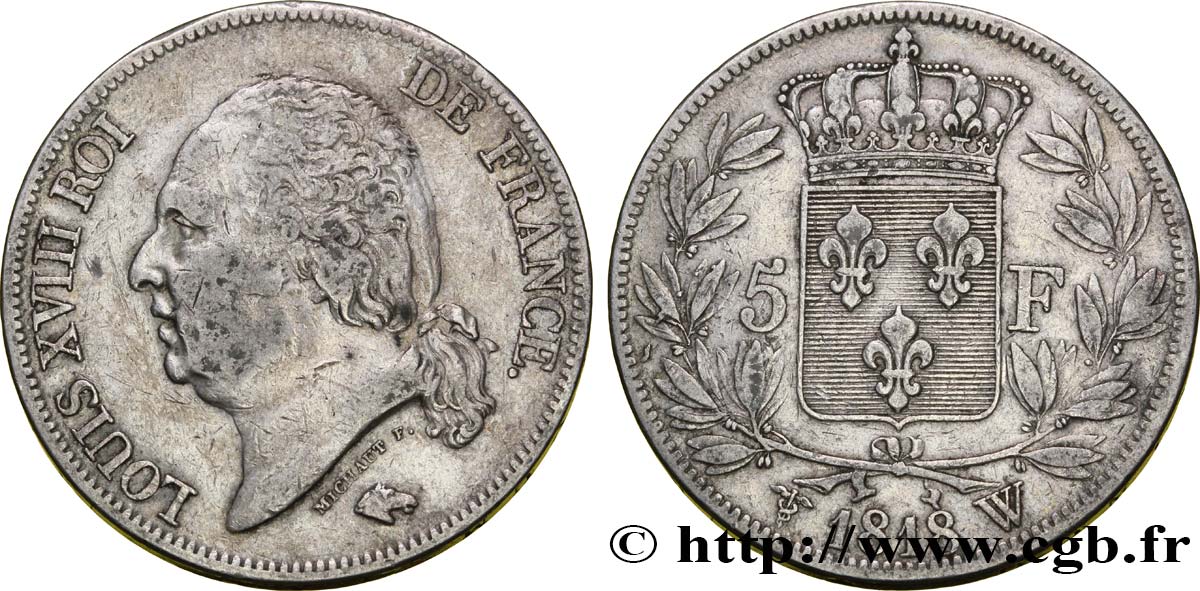 5 francs Louis XVIII, tête nue 1818 Lille F.309/39 MB30 