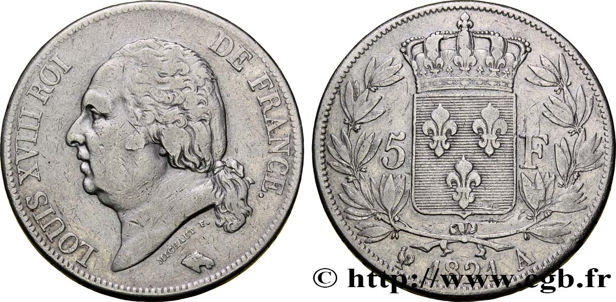 5 francs Louis XVIII, tête nue 1821 Paris F.309/60 BC35 