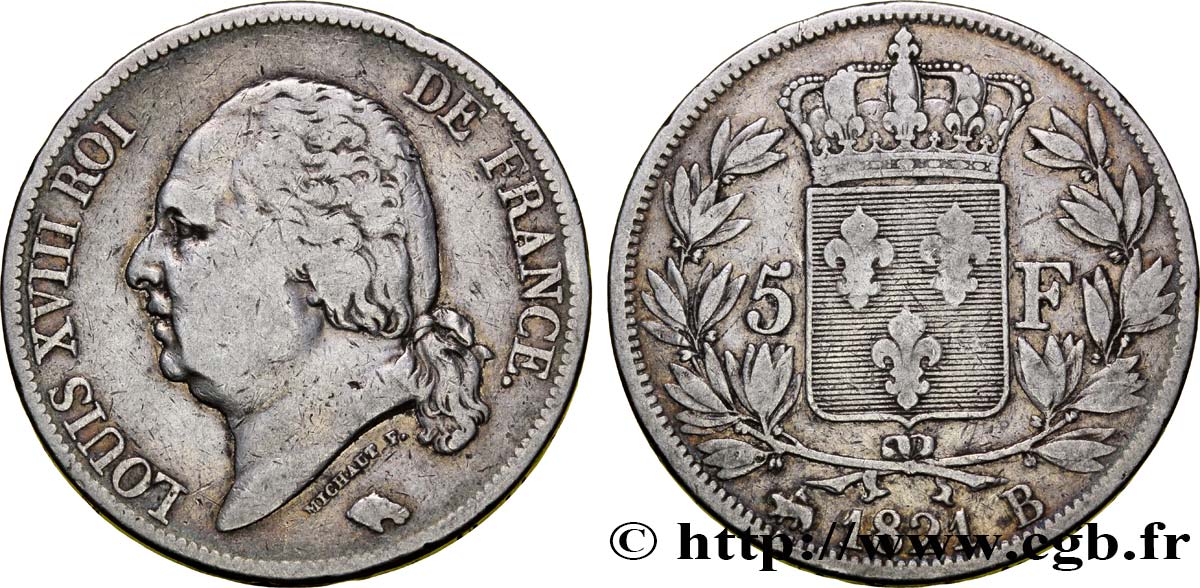 5 francs Louis XVIII, tête nue 1821 Rouen F.309/61 VF28 