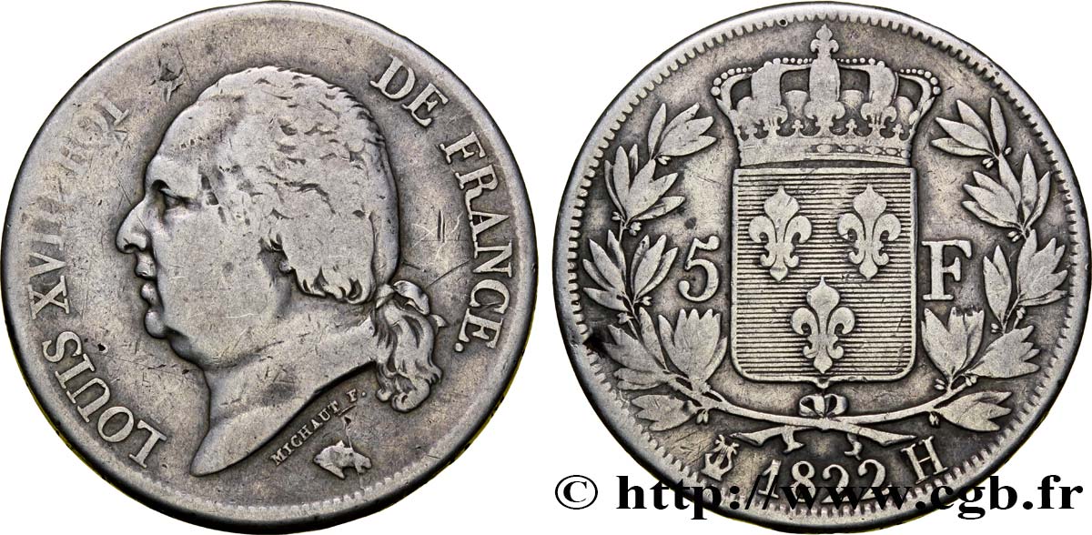 5 francs Louis XVIII, tête nue 1822 La Rochelle F.309/71 TB25 