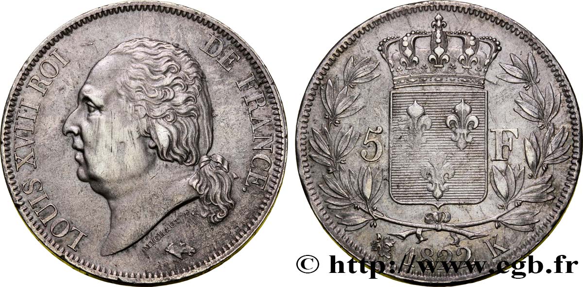 5 francs Louis XVIII, tête nue 1822 Bordeaux F.309/73 MBC48 