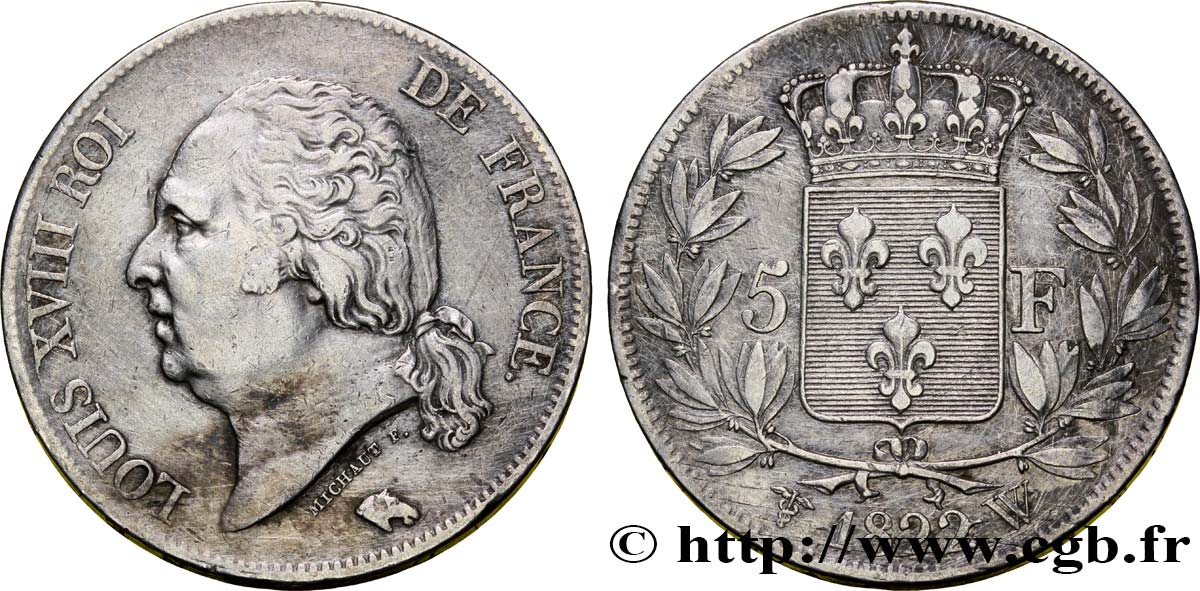 5 francs Louis XVIII, tête nue 1822 Lille F.309/75 TTB40 