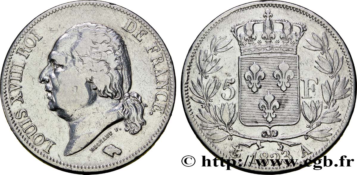 5 francs Louis XVIII, tête nue 1823 Paris F.309/76 TB25 