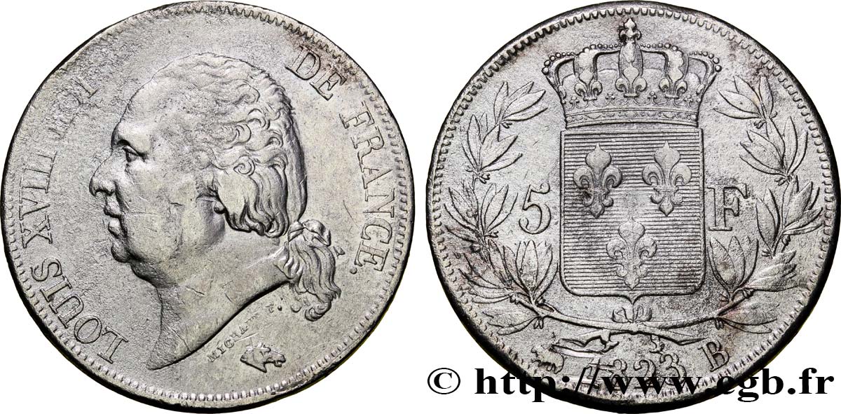 5 francs Louis XVIII, tête nue 1823 Rouen F.309/77 XF42 