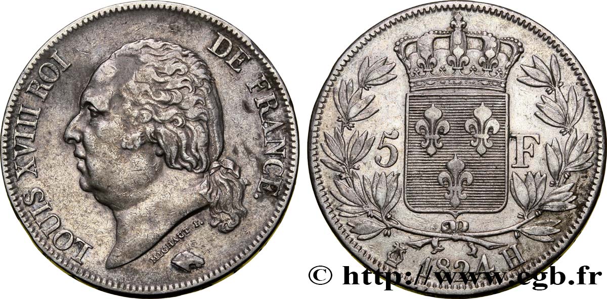 5 francs Louis XVIII, tête nue 1824 La Rochelle F.309/91 TTB45 