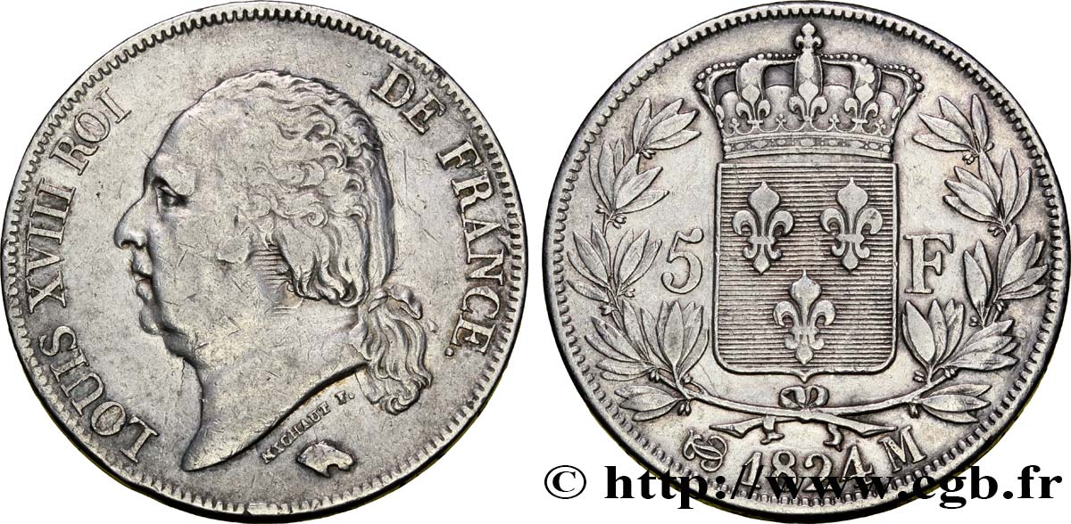 5 francs Louis XVIII, tête nue 1824 Toulouse F.309/95 TTB40 