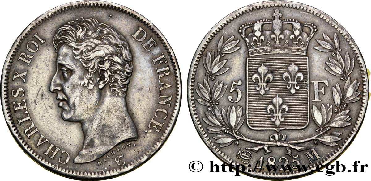 5 francs Charles X, 1er type 1825 Toulouse F.310/11 AU50 