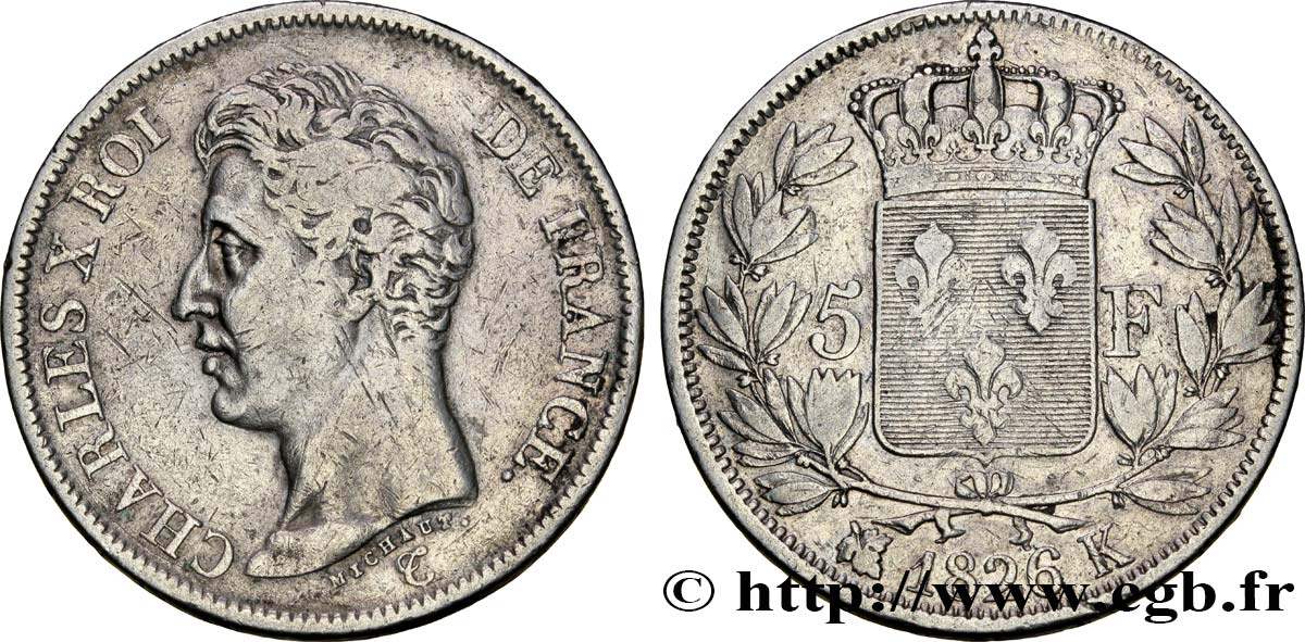 5 francs Charles X, 1er type 1826 Bordeaux F.310/21 MB30 