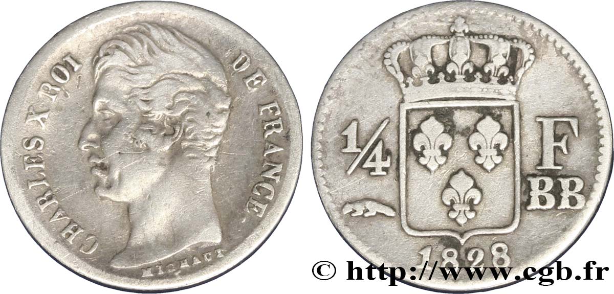 1/4 franc Charles X 1828 Strasbourg F.164/20 TB30 
