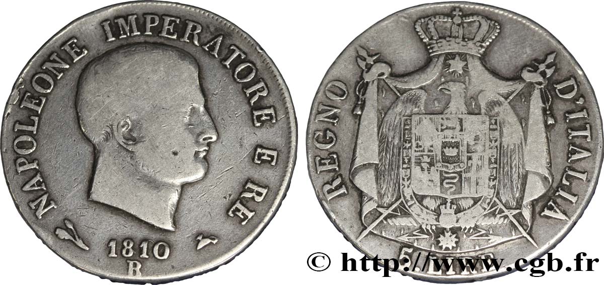 5 lire Napoléon Empereur et Roi d’Italie, 1er type, tranche en relief 1810 Bologne M.78  BC18 