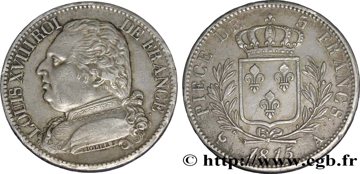 5 francs Louis XVIII, buste habillé 1815 Paris F.308/14 AU50 