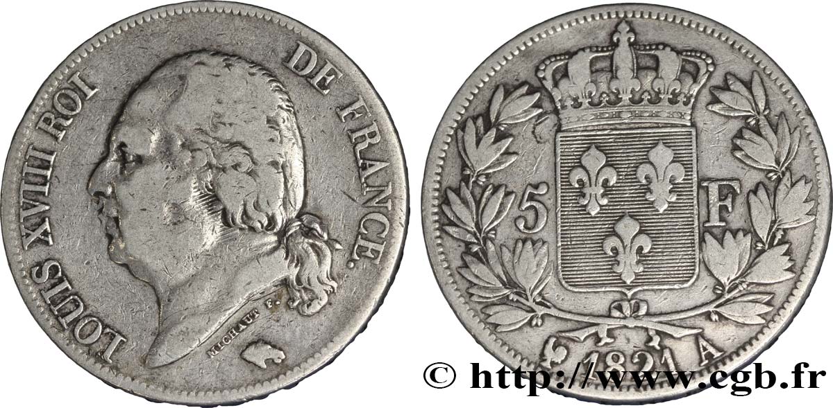 5 francs Louis XVIII, tête nue 1821 Paris F.309/60 TB25 